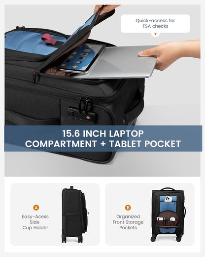 Carry On Luggage Airline Approved, Suitcases with Spinner Wheels, Softside Carry-on Luggage with TSA Lock for Men Women Business Trip, Lightweight Large Capacity Luggage for Travel, Grey