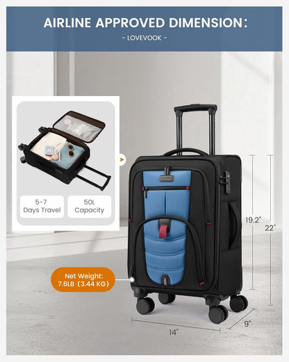 Carry On Luggage Airline Approved, Suitcases with Spinner Wheels, Softside Carry-on Luggage with TSA Lock for Men Women Business Trip, Lightweight Large Capacity Luggage for Travel, Grey
