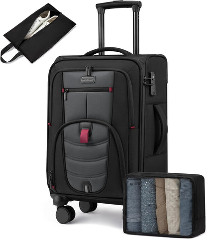 Carry On Luggage Airline Approved, Suitcases with Spinner Wheels, Softside Carry-on Luggage with TSA Lock for Men Women Business Trip, Lightweight Large Capacity Luggage for Travel, Grey