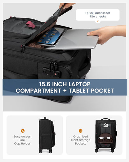 Carry On Luggage Airline Approved, Suitcases with Spinner Wheels, Softside Carry-on Luggage with TSA Lock for Men Women Business Trip, Lightweight Large Capacity Luggage for Travel, Grey