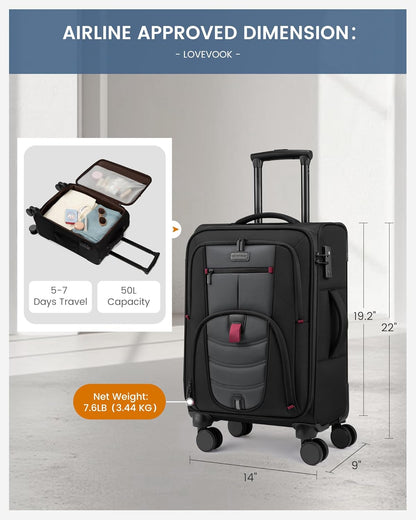 Carry On Luggage Airline Approved, Suitcases with Spinner Wheels, Softside Carry-on Luggage with TSA Lock for Men Women Business Trip, Lightweight Large Capacity Luggage for Travel, Grey