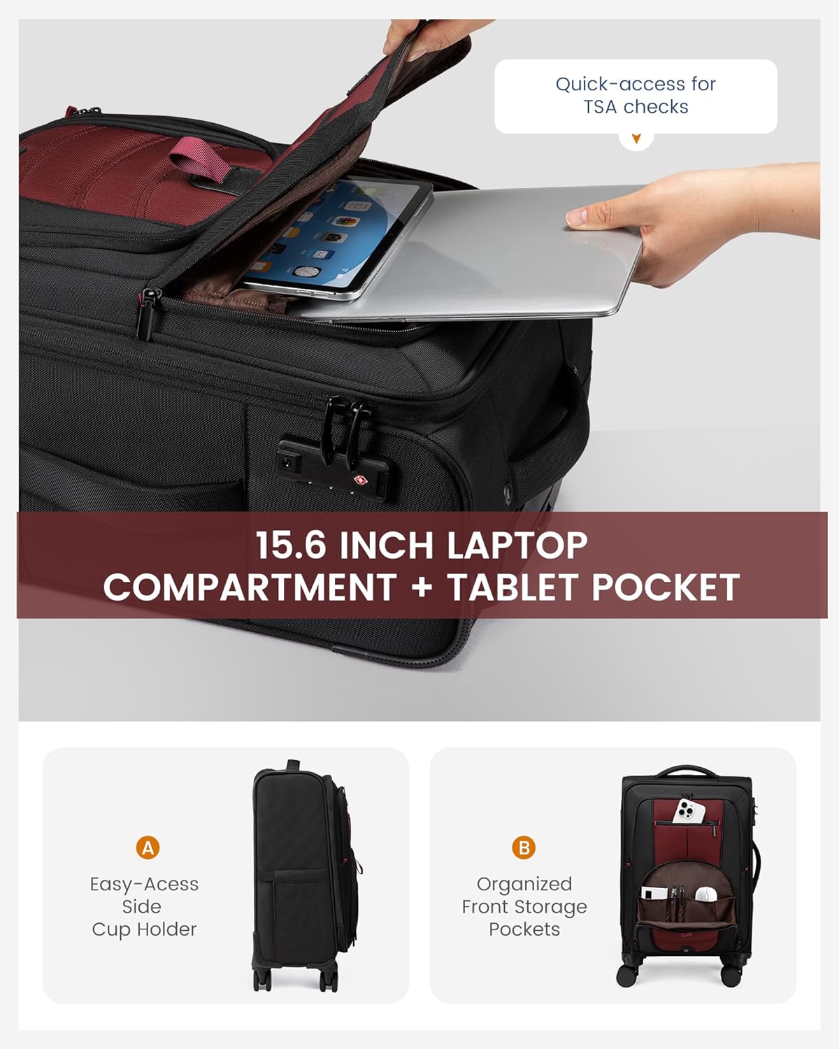 Carry On Luggage Airline Approved, Suitcases with Spinner Wheels, Softside Carry-on Luggage with TSA Lock for Men Women Business Trip, Lightweight Large Capacity Luggage for Travel, Grey