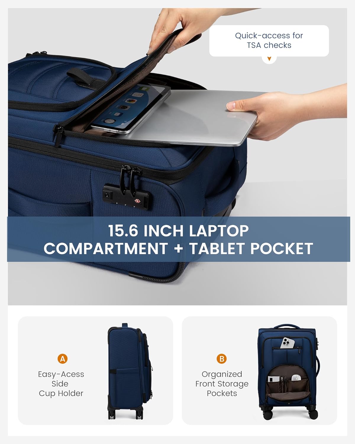 Carry On Luggage Airline Approved, Suitcases with Spinner Wheels, Softside Carry-on Luggage with TSA Lock for Men Women Business Trip, Lightweight Large Capacity Luggage for Travel, Grey