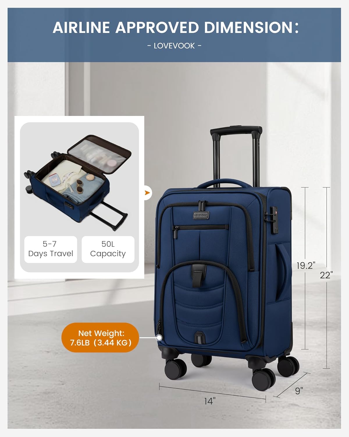 Carry On Luggage Airline Approved, Suitcases with Spinner Wheels, Softside Carry-on Luggage with TSA Lock for Men Women Business Trip, Lightweight Large Capacity Luggage for Travel, Grey