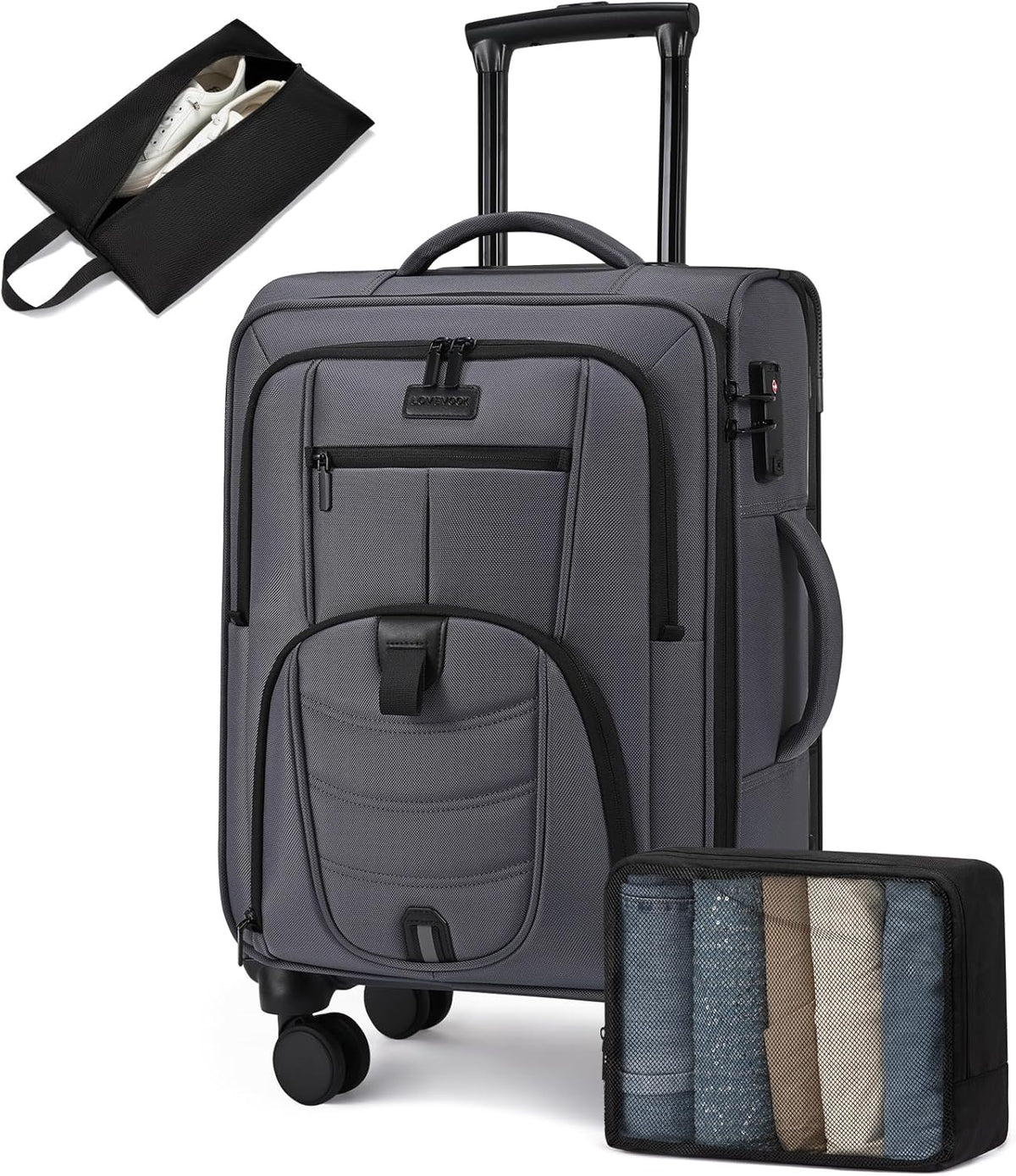 Carry On Luggage Airline Approved, Suitcases with Spinner Wheels, Softside Carry-on Luggage with TSA Lock for Men Women Business Trip, Lightweight Large Capacity Luggage for Travel, Grey