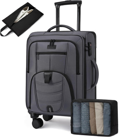 Carry On Luggage Airline Approved, Suitcases with Spinner Wheels, Softside Carry-on Luggage with TSA Lock for Men Women Business Trip, Lightweight Large Capacity Luggage for Travel, Grey
