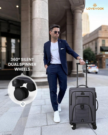 Carry On Luggage Airline Approved, Suitcases with Spinner Wheels, Softside Carry-on Luggage with TSA Lock for Men Women Business Trip, Lightweight Large Capacity Luggage for Travel, Grey