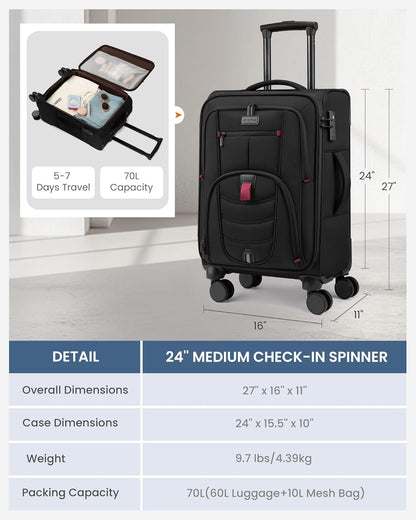 Carry On Luggage Airline Approved, Suitcases with Spinner Wheels, Softside Carry-on Luggage with TSA Lock for Men Women Business Trip, Lightweight Large Capacity Luggage for Travel, Grey