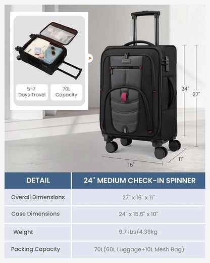 Carry On Luggage Airline Approved, Suitcases with Spinner Wheels, Softside Carry-on Luggage with TSA Lock for Men Women Business Trip, Lightweight Large Capacity Luggage for Travel, Grey