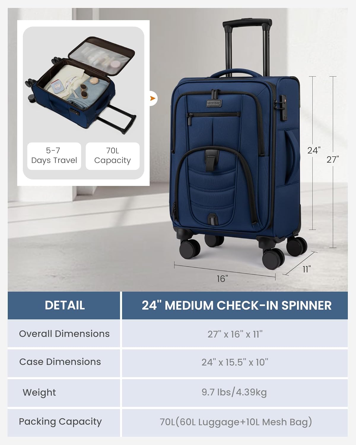 Carry On Luggage Airline Approved, Suitcases with Spinner Wheels, Softside Carry-on Luggage with TSA Lock for Men Women Business Trip, Lightweight Large Capacity Luggage for Travel, Grey