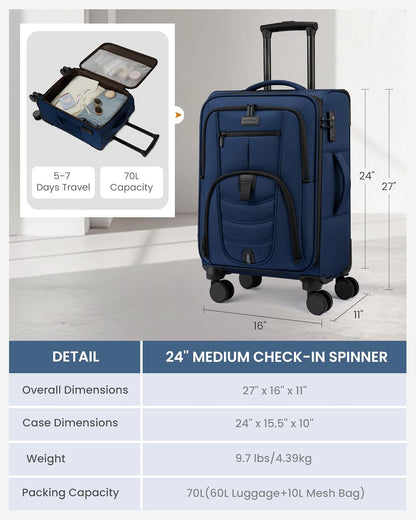 Carry On Luggage Airline Approved, Suitcases with Spinner Wheels, Softside Carry-on Luggage with TSA Lock for Men Women Business Trip, Lightweight Large Capacity Luggage for Travel, Grey