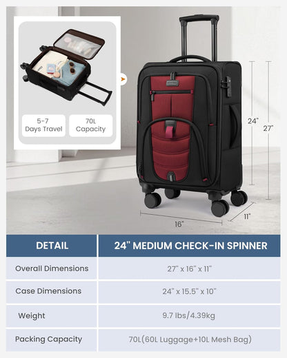 Carry On Luggage Airline Approved, Suitcases with Spinner Wheels, Softside Carry-on Luggage with TSA Lock for Men Women Business Trip, Lightweight Large Capacity Luggage for Travel, Grey