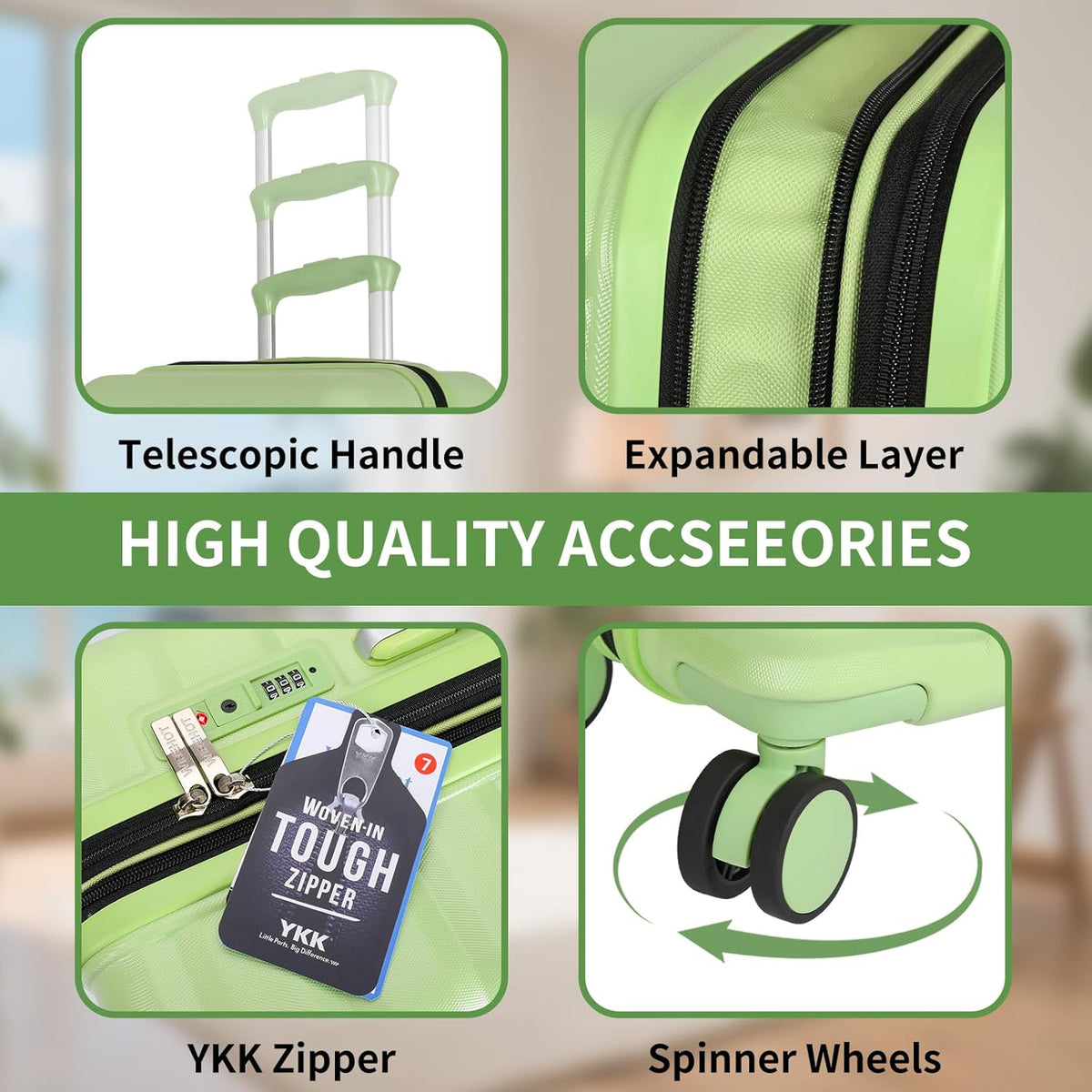 22×14×9 Airline Approved Carry On Luggage with Front Open Pocket, Spinner Wheels, ABS+PC Hardshell Small 20inch Suitcase with Protective Cover and Luggage Tag, Avocado Green