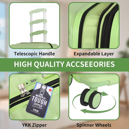 22×14×9 Airline Approved Carry On Luggage with Front Open Pocket, Spinner Wheels, ABS+PC Hardshell Small 20inch Suitcase with Protective Cover and Luggage Tag, Avocado Green