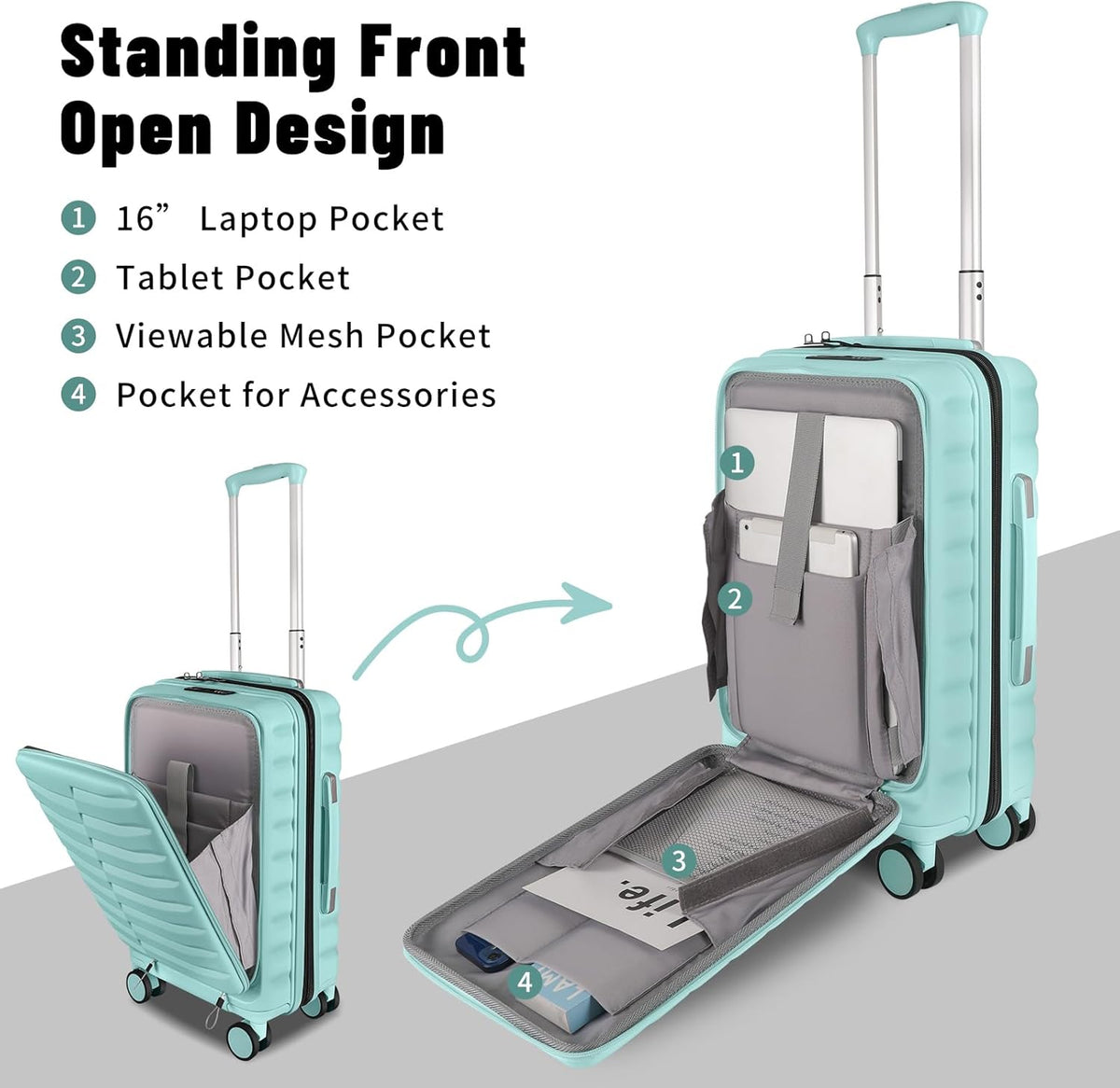 22×14×9 Airline Approved Carry On Luggage with Front Open Pocket, Spinner Wheels, ABS+PC Hardshell Small 20inch Suitcase with Protective Cover and Luggage Tag, Avocado Green