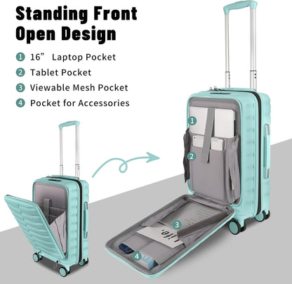 22×14×9 Airline Approved Carry On Luggage with Front Open Pocket, Spinner Wheels, ABS+PC Hardshell Small 20inch Suitcase with Protective Cover and Luggage Tag, Avocado Green