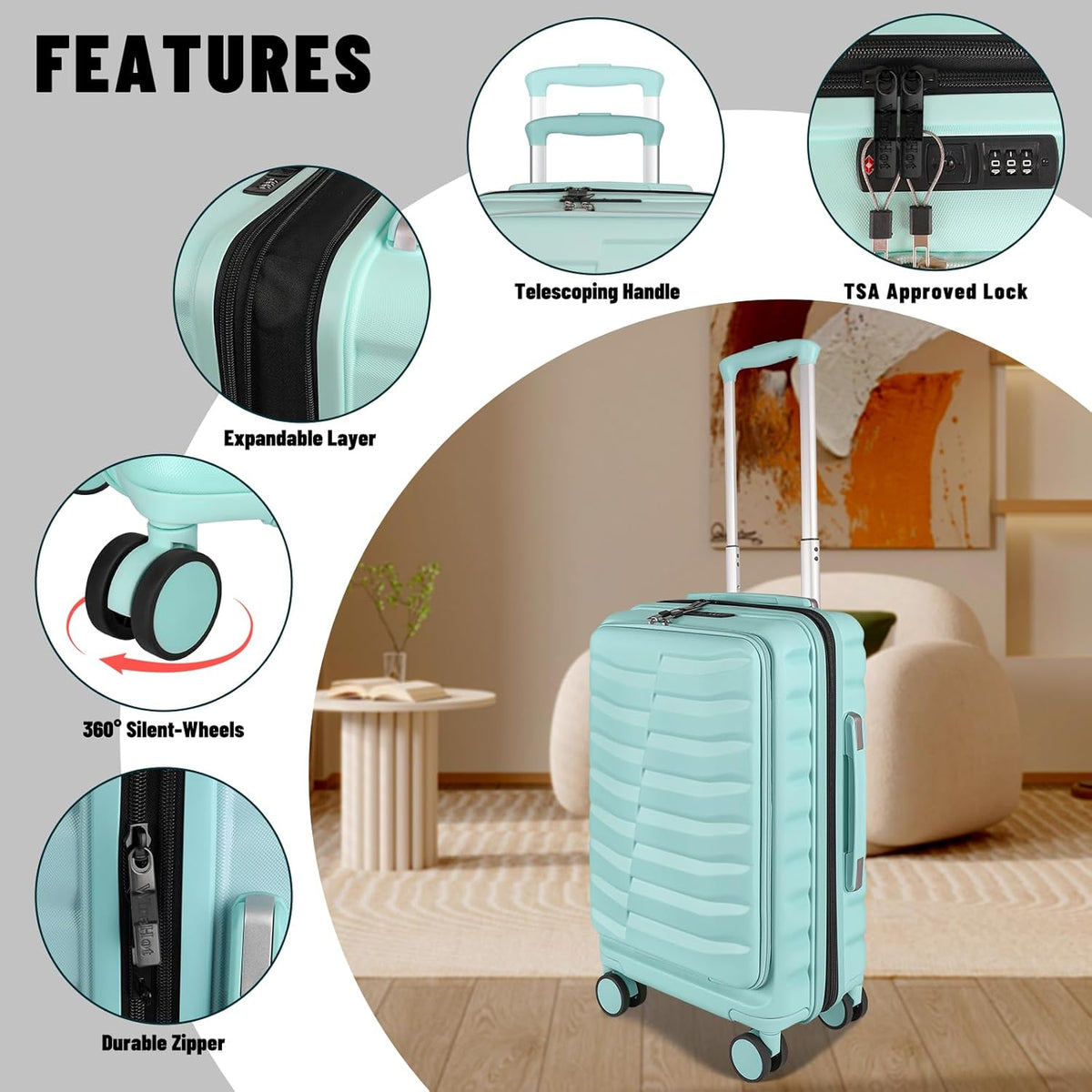22×14×9 Airline Approved Carry On Luggage with Front Open Pocket, Spinner Wheels, ABS+PC Hardshell Small 20inch Suitcase with Protective Cover and Luggage Tag, Avocado Green