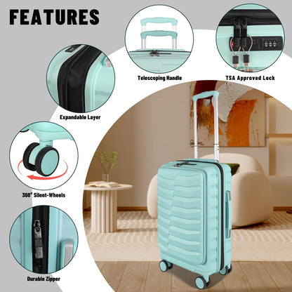 22×14×9 Airline Approved Carry On Luggage with Front Open Pocket, Spinner Wheels, ABS+PC Hardshell Small 20inch Suitcase with Protective Cover and Luggage Tag, Avocado Green