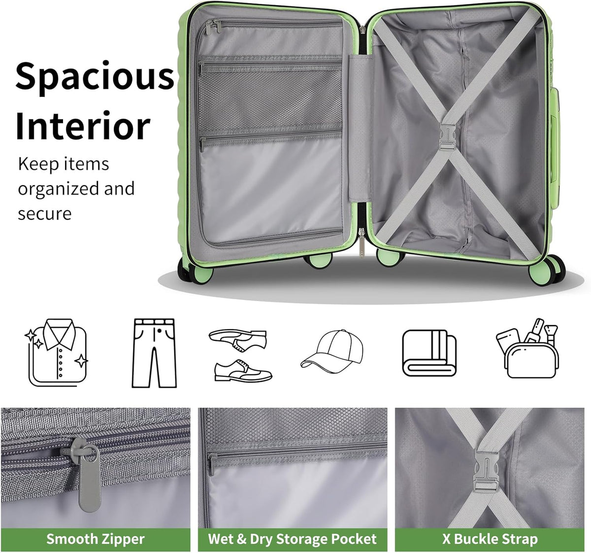 22×14×9 Airline Approved Carry On Luggage with Front Open Pocket, Spinner Wheels, ABS+PC Hardshell Small 20inch Suitcase with Protective Cover and Luggage Tag, Avocado Green