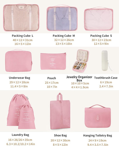 Packing Cubes 11 Set, Suitcase Organizers, Luggage Organizer Bags, Packing Cubes for Travel, with Toiletry Bag, Travel Essentials,Pink