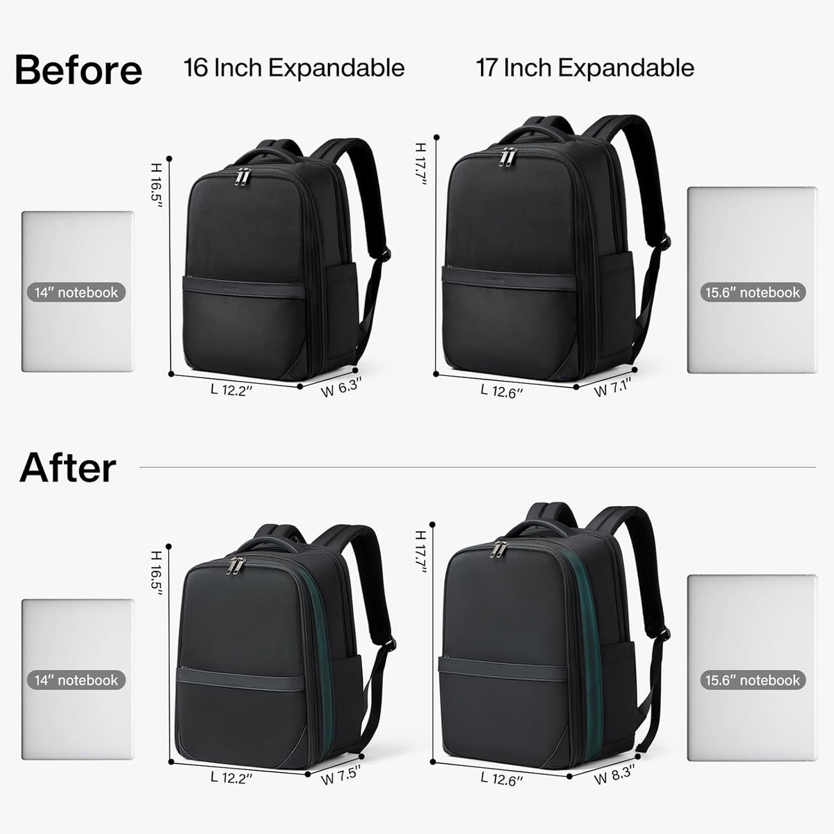 Expandable Travel Backpack 17 Inch, Full-Open Laptop Backpack Fits 15.6 Inch, Carry On Personal Item Bag with Luggage Strap, Business Work Backpack for Women Men, Black