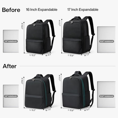 Expandable Travel Backpack 17 Inch, Full-Open Laptop Backpack Fits 15.6 Inch, Carry On Personal Item Bag with Luggage Strap, Business Work Backpack for Women Men, Black