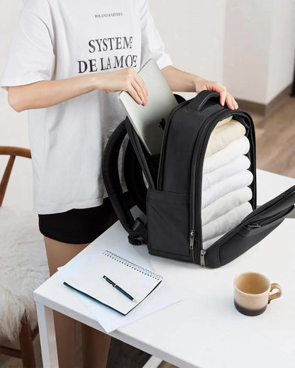 Expandable Travel Backpack 17 Inch, Full-Open Laptop Backpack Fits 15.6 Inch, Carry On Personal Item Bag with Luggage Strap, Business Work Backpack for Women Men, Black