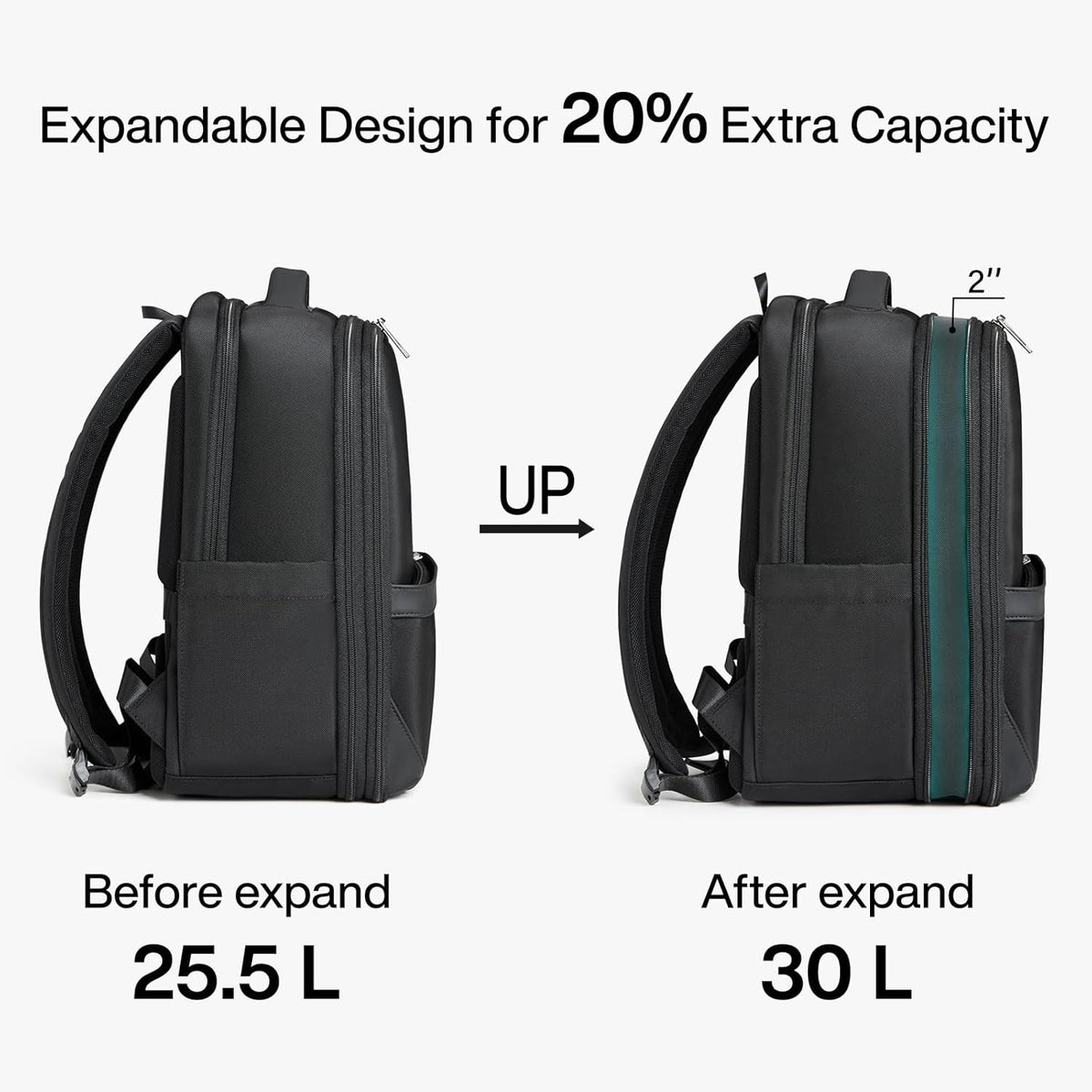 Expandable Travel Backpack 17 Inch, Full-Open Laptop Backpack Fits 15.6 Inch, Carry On Personal Item Bag with Luggage Strap, Business Work Backpack for Women Men, Black