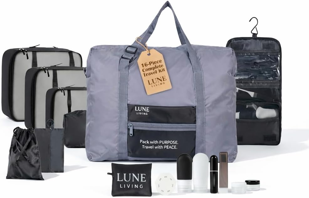 16-Piece Complete Travel Kit – Packing Cubes, Hangable Toiletry Bag with Metal Hook, Foldable Duffel & TSA Bottles Set, Lightweight Organizer (Black)