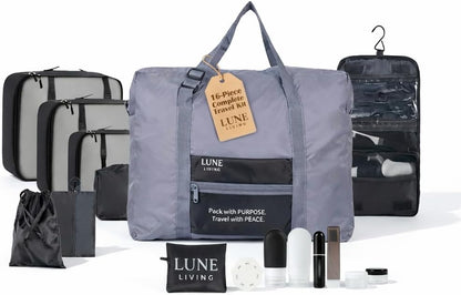 16-Piece Complete Travel Kit – Packing Cubes, Hangable Toiletry Bag with Metal Hook, Foldable Duffel & TSA Bottles Set, Lightweight Organizer (Black)
