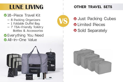 16-Piece Complete Travel Kit – Packing Cubes, Hangable Toiletry Bag with Metal Hook, Foldable Duffel & TSA Bottles Set, Lightweight Organizer (Black)