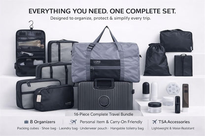 16-Piece Complete Travel Kit – Packing Cubes, Hangable Toiletry Bag with Metal Hook, Foldable Duffel & TSA Bottles Set, Lightweight Organizer (Black)