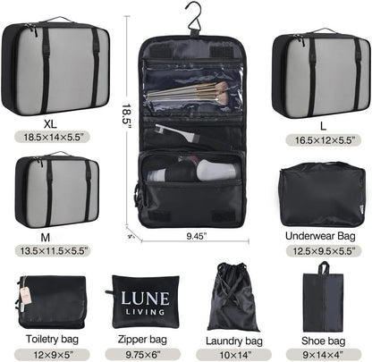 16-Piece Complete Travel Kit – Packing Cubes, Hangable Toiletry Bag with Metal Hook, Foldable Duffel & TSA Bottles Set, Lightweight Organizer (Black)