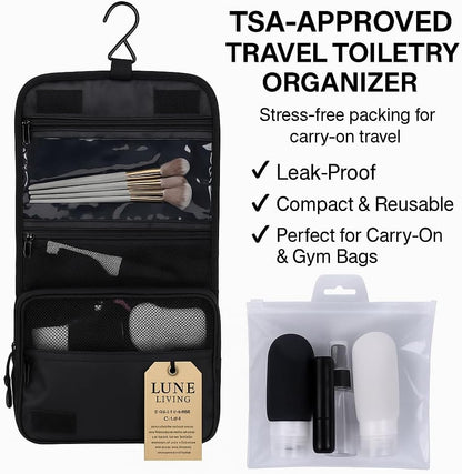 16-Piece Complete Travel Kit – Packing Cubes, Hangable Toiletry Bag with Metal Hook, Foldable Duffel & TSA Bottles Set, Lightweight Organizer (Black)