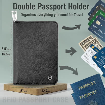 RFID Travel Wallet Passport Holder w/Zipper - Organizer Bag for Travel Documents – Safety Essentials Cover for Men Women