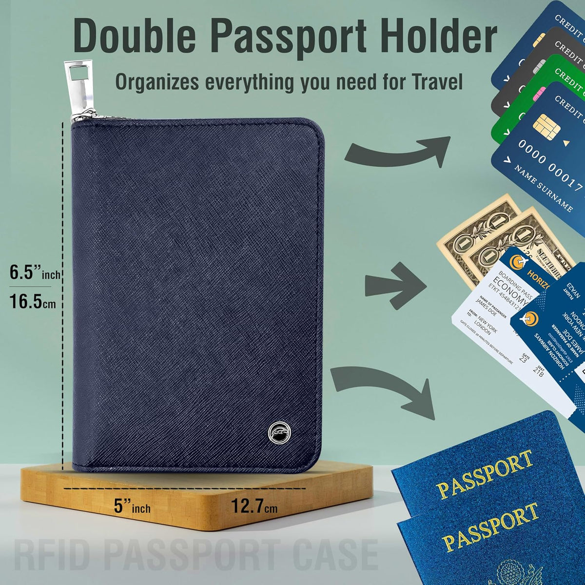 RFID Travel Wallet Passport Holder w/Zipper - Organizer Bag for Travel Documents – Safety Essentials Cover for Men Women