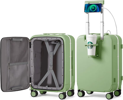 Carry On Luggage with Cup Phone Holder and Charger Hard Shell Suitcases with Spinner Wheels, 20 Inch Smoke White
