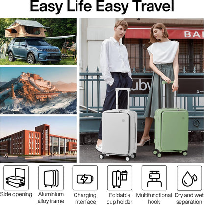 Carry On Luggage with Cup Phone Holder and Charger Hard Shell Suitcases with Spinner Wheels, 20 Inch Smoke White