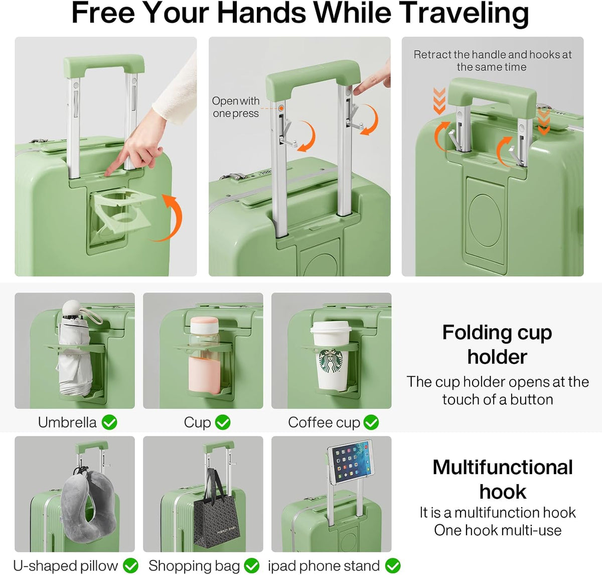 Carry On Luggage with Cup Phone Holder and Charger Hard Shell Suitcases with Spinner Wheels, 20 Inch Smoke White