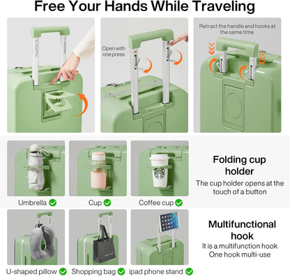 Carry On Luggage with Cup Phone Holder and Charger Hard Shell Suitcases with Spinner Wheels, 20 Inch Smoke White