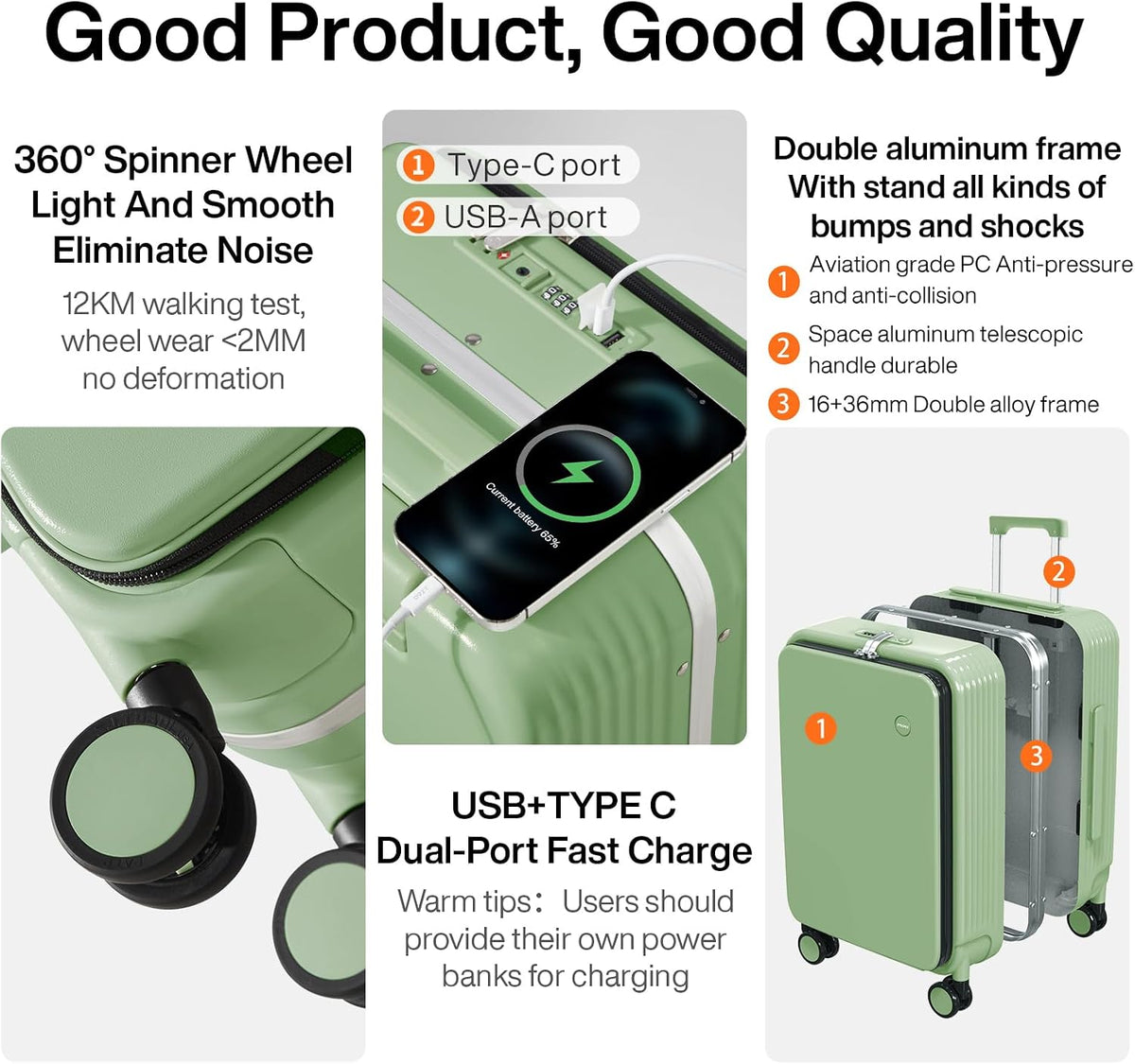 Carry On Luggage with Cup Phone Holder and Charger Hard Shell Suitcases with Spinner Wheels, 20 Inch Smoke White