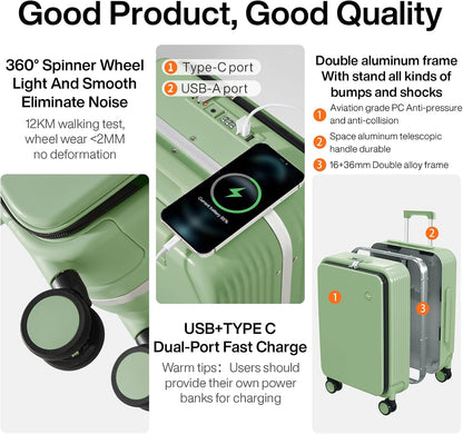Carry On Luggage with Cup Phone Holder and Charger Hard Shell Suitcases with Spinner Wheels, 20 Inch Smoke White