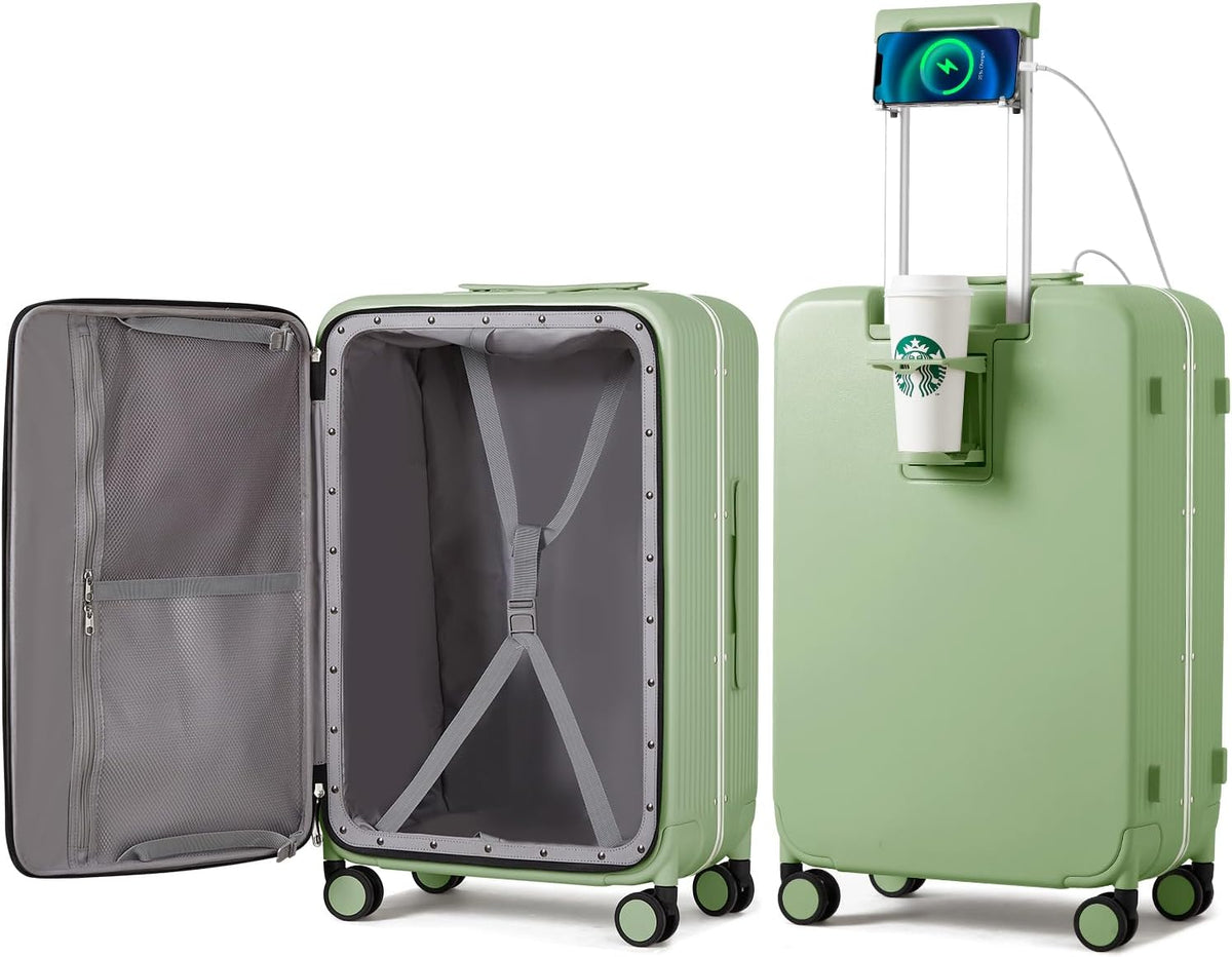 Carry On Luggage with Cup Phone Holder and Charger Hard Shell Suitcases with Spinner Wheels, 20 Inch Smoke White