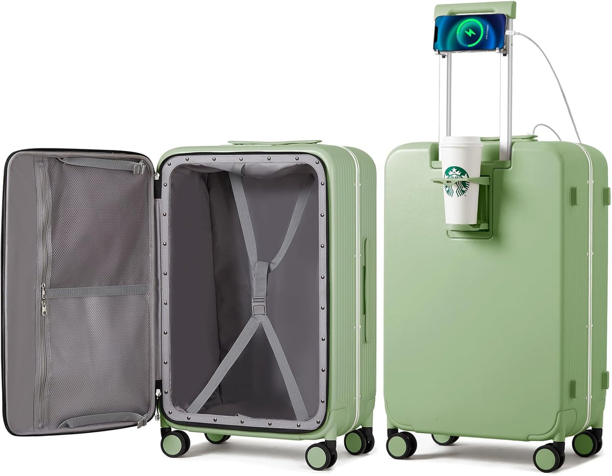 Carry On Luggage with Cup Phone Holder and Charger Hard Shell Suitcases with Spinner Wheels, 20 Inch Smoke White