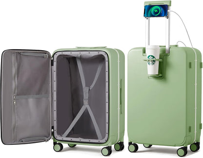 Carry On Luggage with Cup Phone Holder and Charger Hard Shell Suitcases with Spinner Wheels, 20 Inch Smoke White