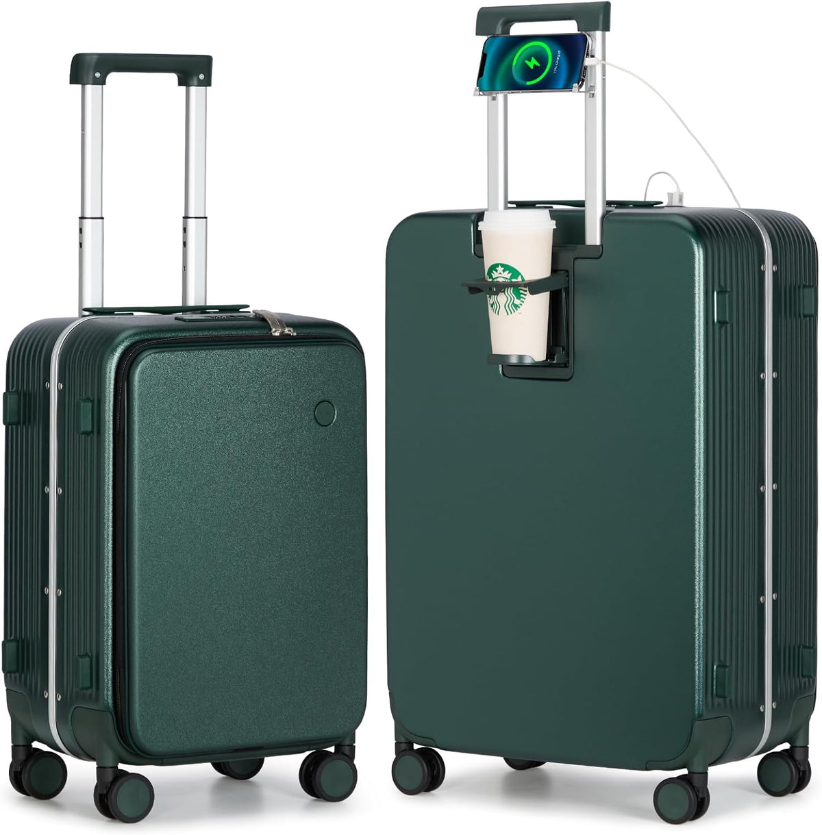Carry On Luggage with Cup Phone Holder and Charger Hard Shell Suitcases with Spinner Wheels, 20 Inch Smoke White