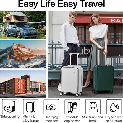 Carry On Luggage with Cup Phone Holder and Charger Hard Shell Suitcases with Spinner Wheels, 20 Inch Smoke White