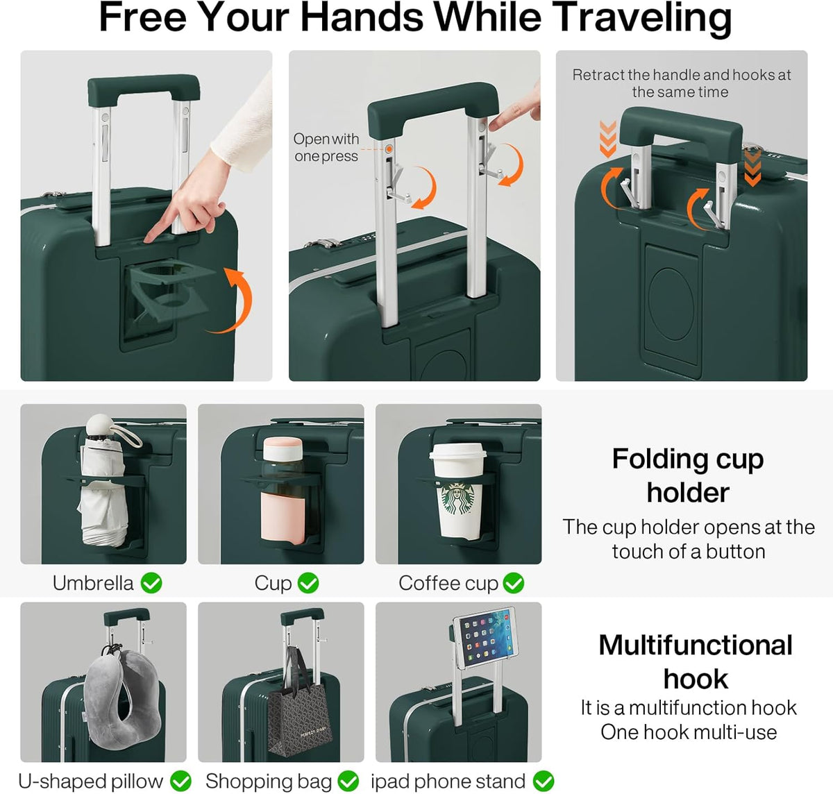 Carry On Luggage with Cup Phone Holder and Charger Hard Shell Suitcases with Spinner Wheels, 20 Inch Smoke White