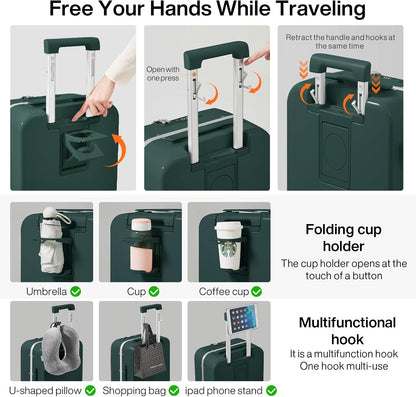 Carry On Luggage with Cup Phone Holder and Charger Hard Shell Suitcases with Spinner Wheels, 20 Inch Smoke White