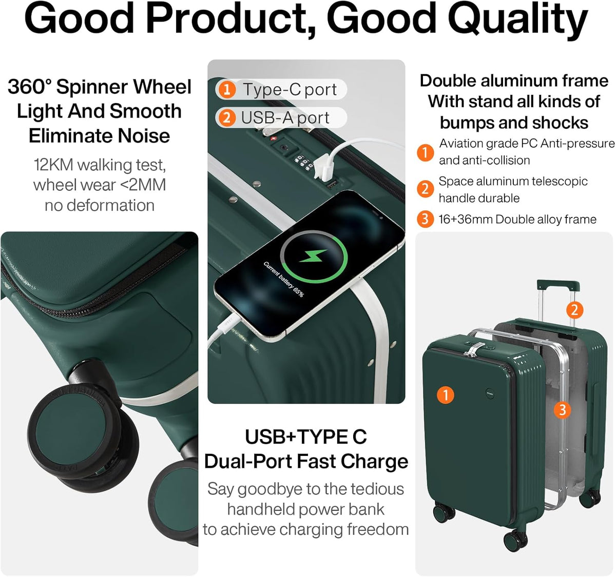 Carry On Luggage with Cup Phone Holder and Charger Hard Shell Suitcases with Spinner Wheels, 20 Inch Smoke White